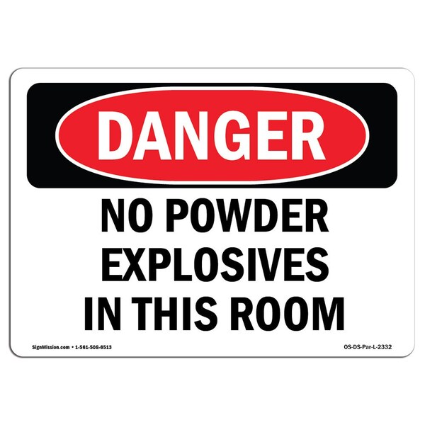 Signmission Safety Sign, OSHA Danger, 12" Height, Aluminum, No Powder Explosives In This Room, Landscape OS-DS-A-1218-L-2332 - main